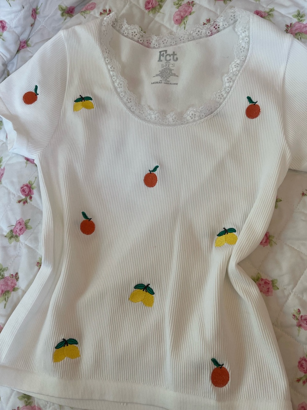 White lacy Ribbed Tee with Orange & Yellow Fruit Embroidery